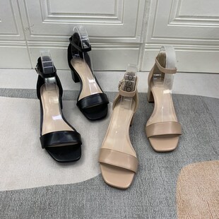 碎钻好看百搭方头粗跟一字带包跟凉鞋 纯色时尚 原单夏季 外贸女鞋