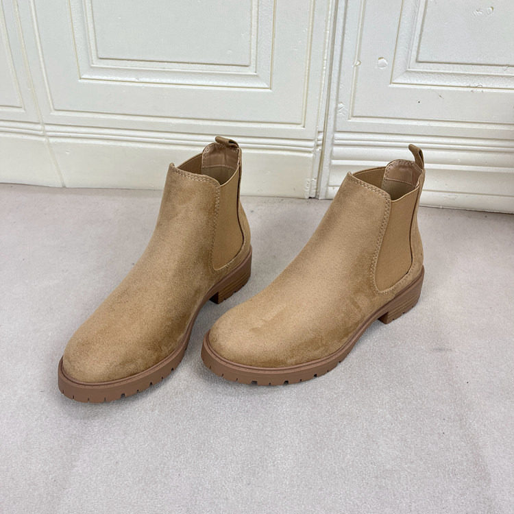 外贸原单女靴休闲时尚百搭新款圆头纯色粗跟套筒时装切尔西短靴