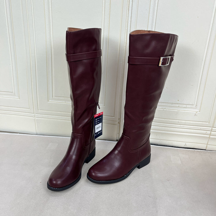 外贸原单女靴新款时尚圆头纯色粗低跟皮带扣侧拉链百搭时装长靴,女鞋,时装靴,淘宝优惠券,粉丝福利购,淘宝优惠卷