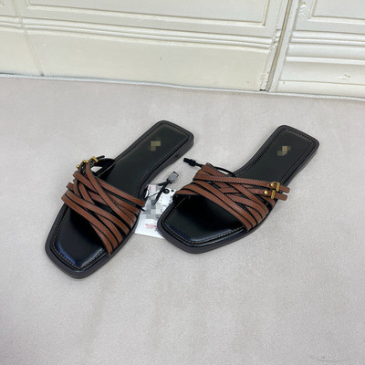 方头皮带扣平底拖鞋真皮简约