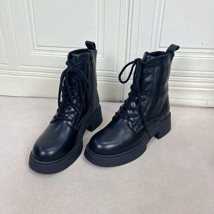 新款圆头厚底粗跟系带短靴简约时尚新款加绒马丁靴舒适休闲百搭