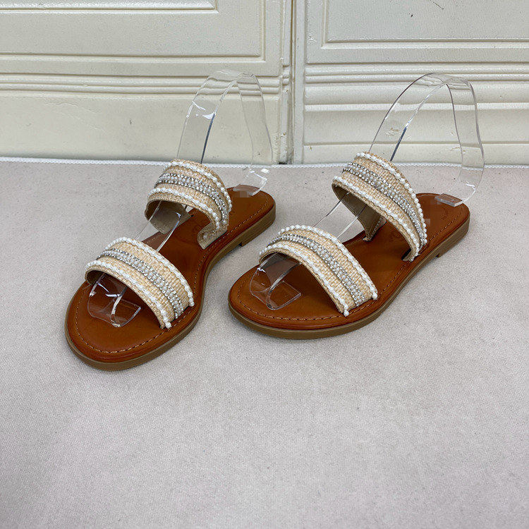 外贸原单平底编织带钻珍珠一字拖鞋夏季时尚新款女凉鞋圆头露趾