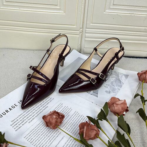 外贸原单shoes新款尖头细跟单鞋简约时尚气质一字扣后空女高跟鞋