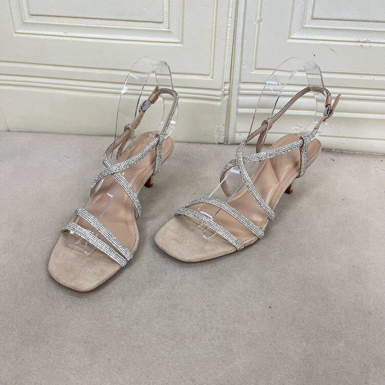 Lady Shoes 外贸原单女鞋时尚方头纯色带钻细高跟一字扣时装凉鞋