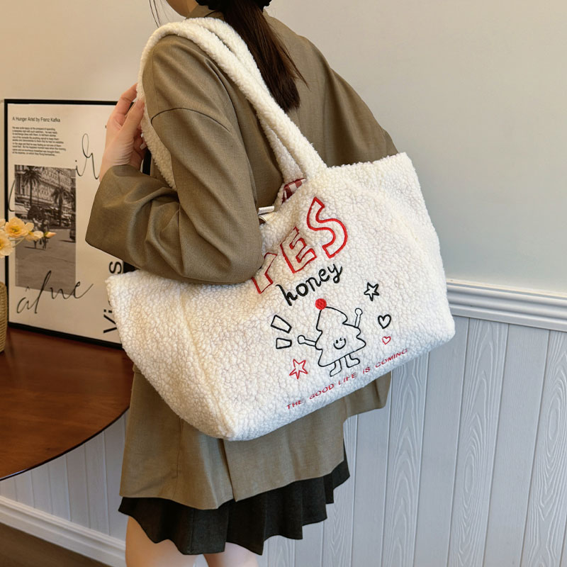 秋冬羊羔毛绒托特包包女2025新款可爱大容量单肩包百搭上课通勤包
