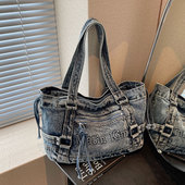 复古水洗牛仔布包包女2025新款 潮时尚 韩国托特包大容量单肩斜挎包
