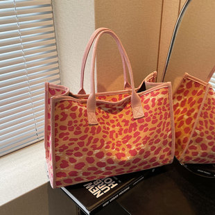 大容量豹纹帆布包包女2026新款时尚手提单肩妈咪包百搭通勤托特包