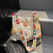 花朵手工编织包包女大容量时尚 镂空针织单肩包海边度假沙滩斜挎包
