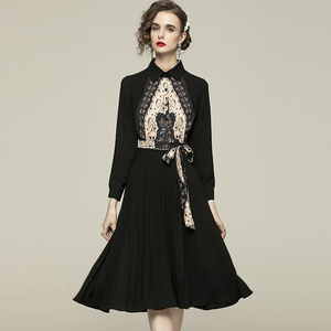 RM23923#复古民族风春衬衫领长袖印花大摆修身连衣裙