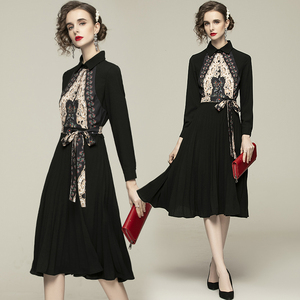 RM23923#复古民族风春衬衫领长袖印花大摆修身连衣裙