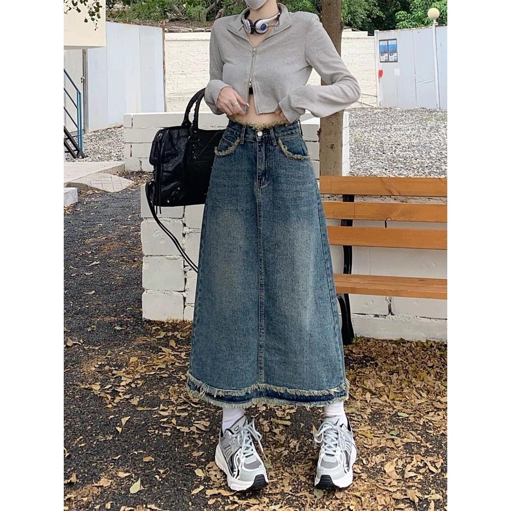 复古开叉牛仔半身裙女2025春夏新款a字高腰显瘦中长款直筒包臂裙