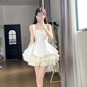 ROY露si同款纯欲少女方口领无袖连衣裙女夏季收腰网纱蓬蓬裙