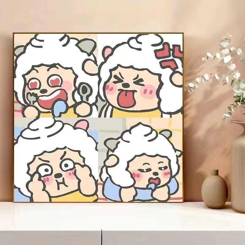 懒羊羊四宫格系列卡通简单儿童涂色填充填色画油彩画