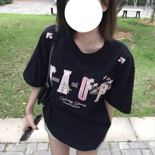 220g螺纹领口后包边刺绣字母短袖T恤男女