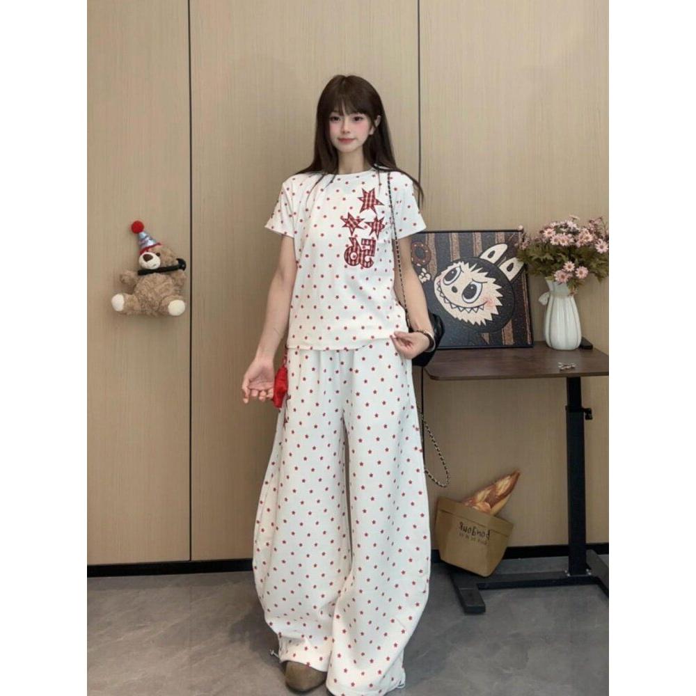 送挂件现货时尚满印星星短袖刺绣套装女夏休闲阔腿裤两件套