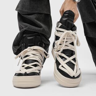 休闲暗黑短靴男高帮鞋潮流百搭RO倒三角增高五芒星厚底鞋子男潮鞋