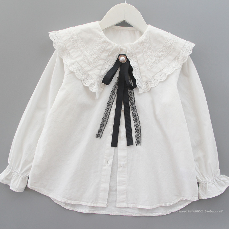 女童白衬衫长袖2025春秋款韩版儿童娃娃领上衣中大童女孩纯棉衬衣