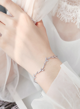 S925纯银橄榄枝小手链女士闺蜜学生文艺树枝小众设计银饰简约饰品