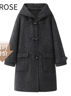 艾诺丝尚忆2025秋冬新款深灰连帽牛角扣双面羊毛大衣女外套70371