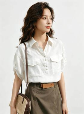 艾诺丝锦瑟白色亚麻衬衫女薄款2026新款高级感五分袖翻领穿搭0681