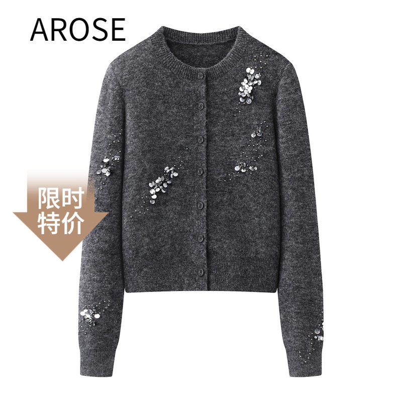 艾诺丝尚忆手工钉珠亮片开衫女