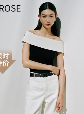 艾诺丝尚忆官方旗舰店2025夏季时尚黑白拼接一字肩针织衫女428104