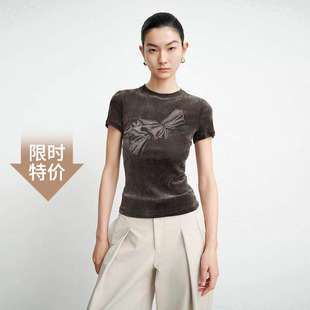 艾诺丝尚忆2025夏款 T恤女613015 简约丝绒印花圆领短袖