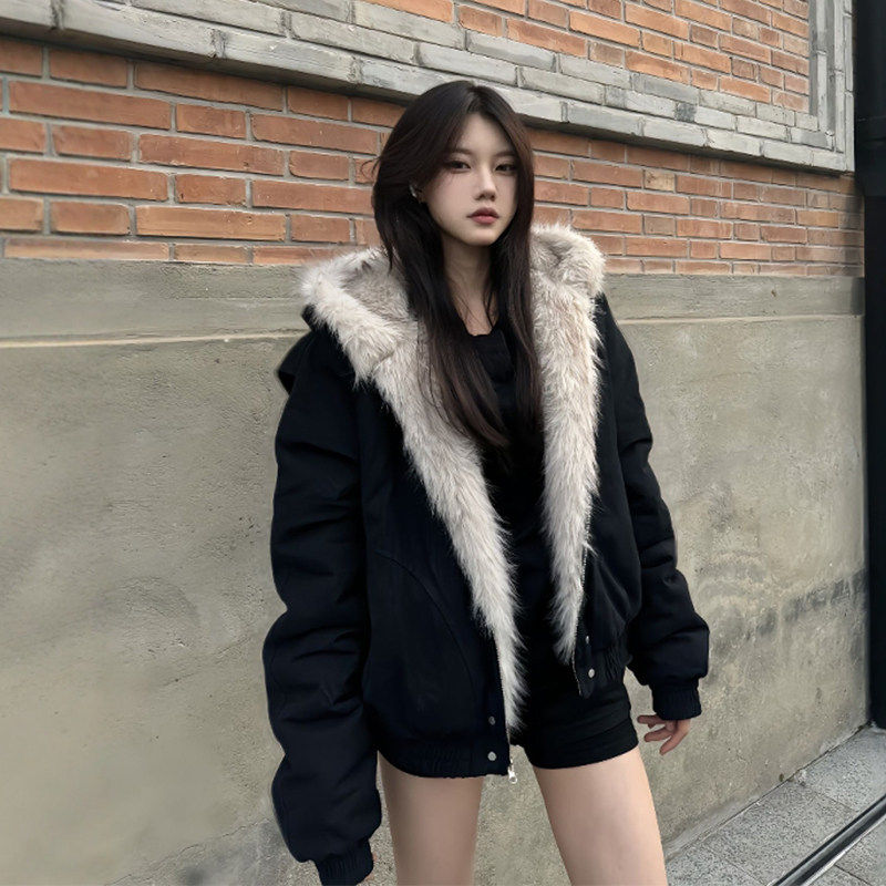 黑色连帽棉服女短款冬202