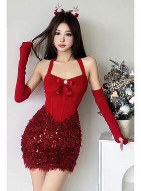 CUTENEW 圣诞复古氛围感蝴蝶结挂脖连衣裙带袖套毛毛拼接显瘦短裙