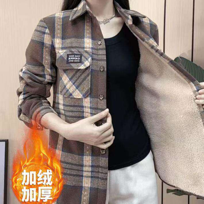 妈妈加绒休闲格子衬衫外