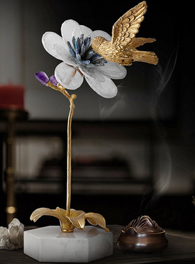 轻奢后现代家居客厅茶几电视柜玄关装饰品水晶石花铜鸟艺术品摆件