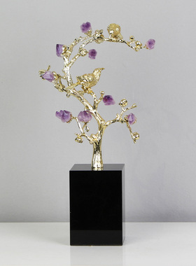 轻奢金色黄铜树枝紫水晶摆件样板间客厅玄关装饰摆设招财装饰品