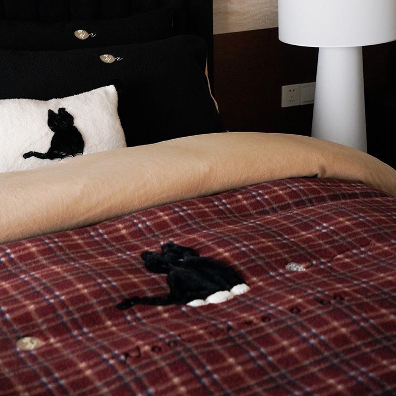 【富山草莓】冬季美拉德复古黑猫加厚仿羊绒四件套保暖牛奶绒床单