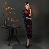 2025炸街改良旗袍七分袖 国风复古黑色丝绒印花旗袍气质名媛 新中式