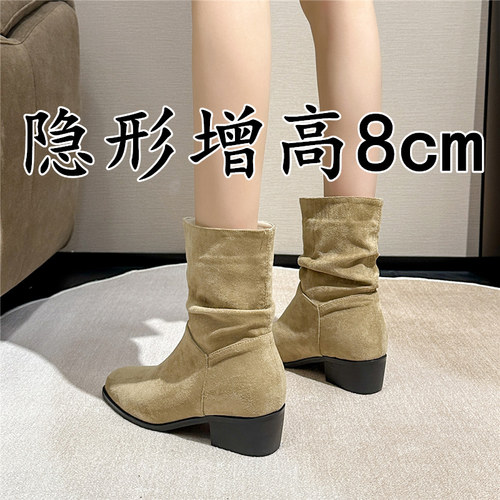 真皮复古堆堆靴女秋冬2026新款褶皱内增高粗跟短靴绒面西部牛仔靴