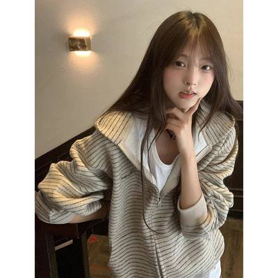 美式覆古条纹连帽卫衣女2025秋冬新款设计感小众宽松开衫外套帽衫