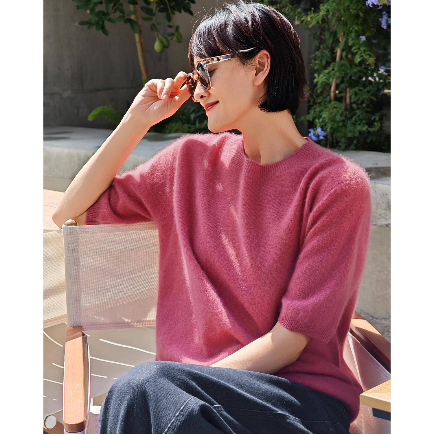 轻城苏小糖|腮红羊毛衫 针织毛衫女秋季宽松中袖圆领套头上衣
