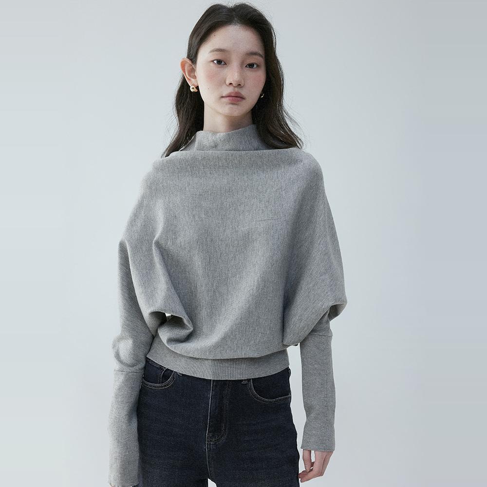 「芥末派VOOE」半高领蝙蝠袖套头针织衫女早春纯色设计感宽松上衣