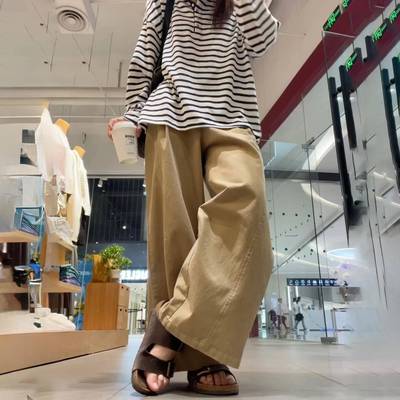 慵懒感卡其色工装阔腿裤女秋季新款大码胖mm宽松显瘦直筒休闲长裤