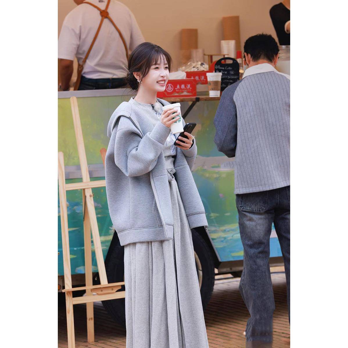 中餐厅8虞书欣同款灰色加绒加厚宽松廓形双拉链连帽卫衣外套女秋