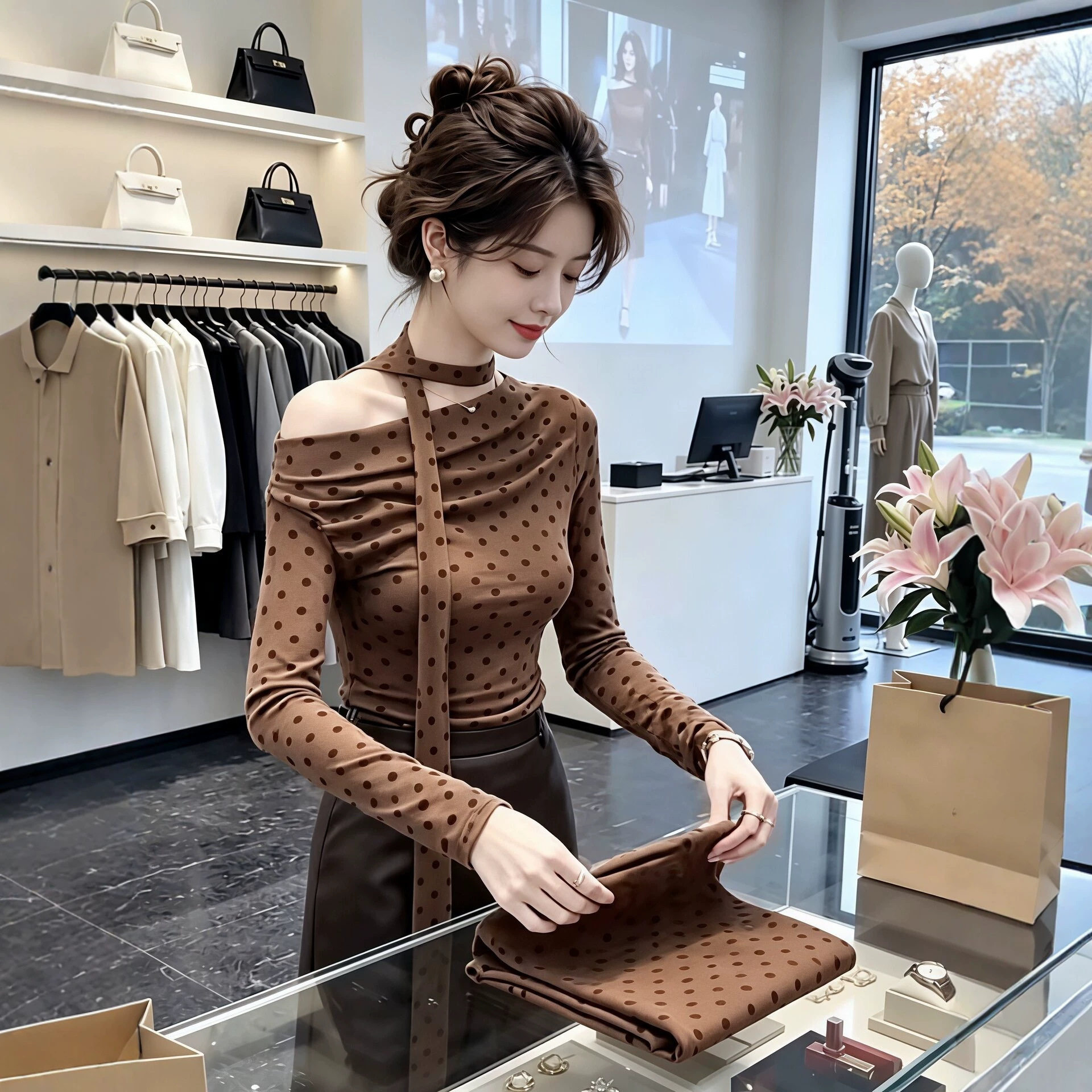 咖色波点挂脖飘带长袖T恤早秋装女款2026新款职场新贵风姐感上衣