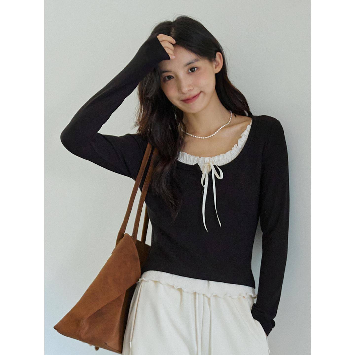 MIXABO撞色木耳边假两件领长袖t恤女秋款设计感显瘦系带内搭上衣