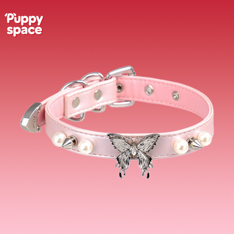 Puppy space小狗空间粉色金属蝴蝶珍珠铆钉项圈m女颈圈choker