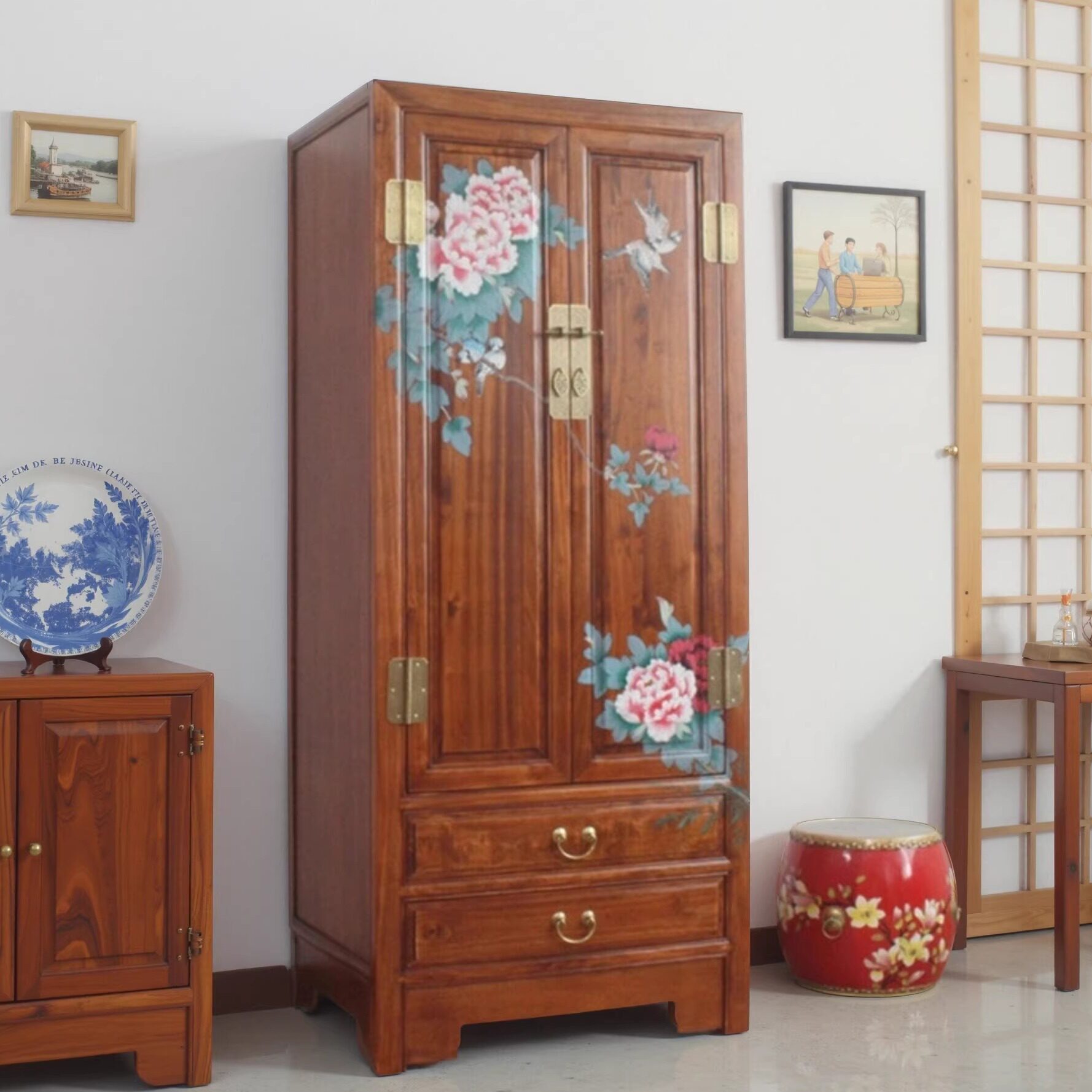 新中式彩绘田园香樟木原实木大衣柜禅意橱柜子80cm小户型儿童家具