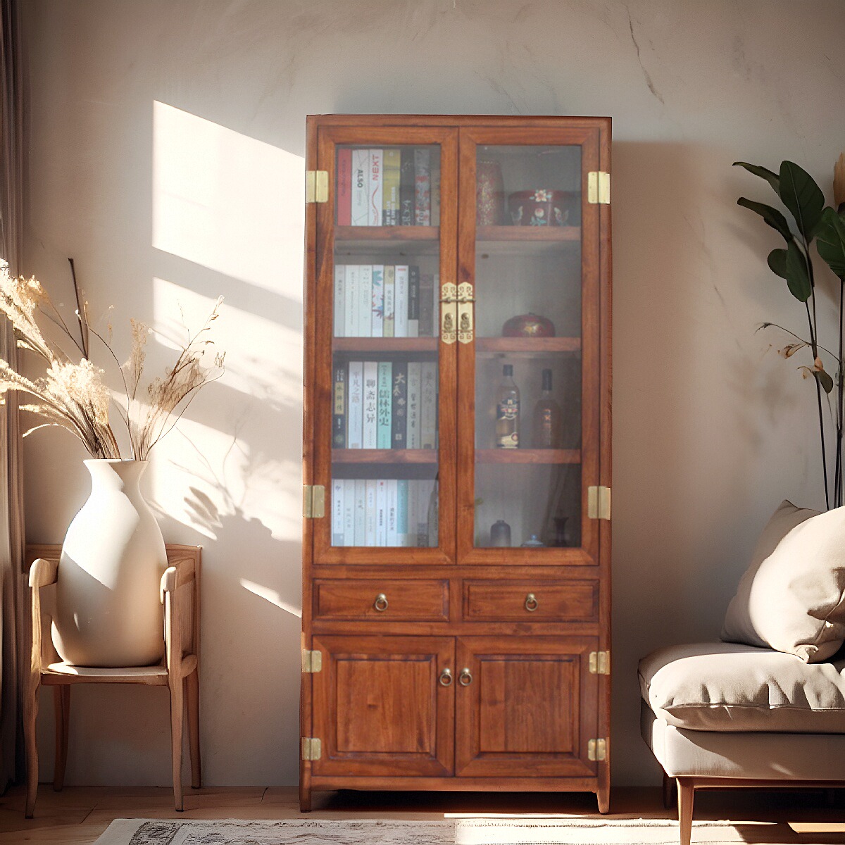 新中式酒柜香樟木两门书柜玻璃门实木展示柜88cm宽书房装饰双门柜