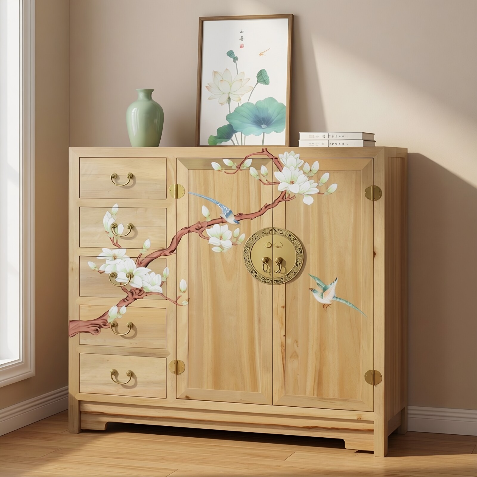 新中式香樟木小衣柜田园彩绘两门储物矮橱柜儿童卧室实木家具整体