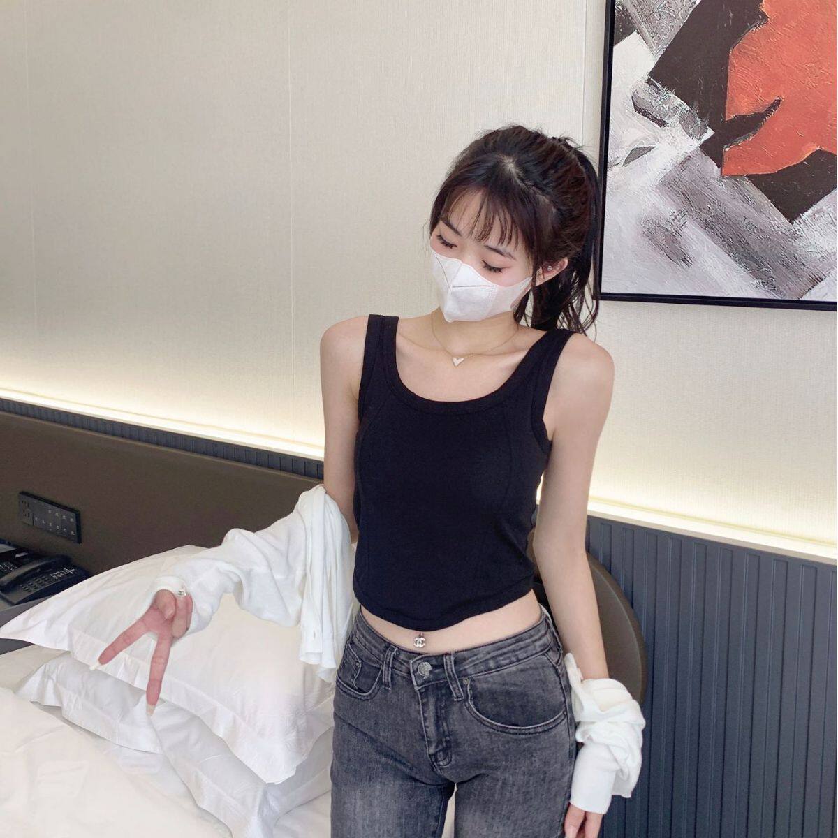 日韩风夏季外穿百搭女士纯棉宽肩背心透气修身少女固定杯休闲内衣