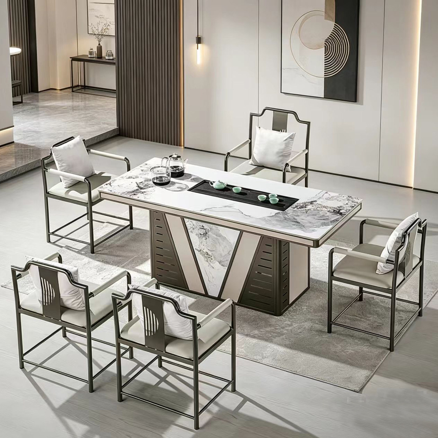 2026轻奢岩板茶桌椅组合办公室一体嵌入式烧水壶套装全自动泡茶台