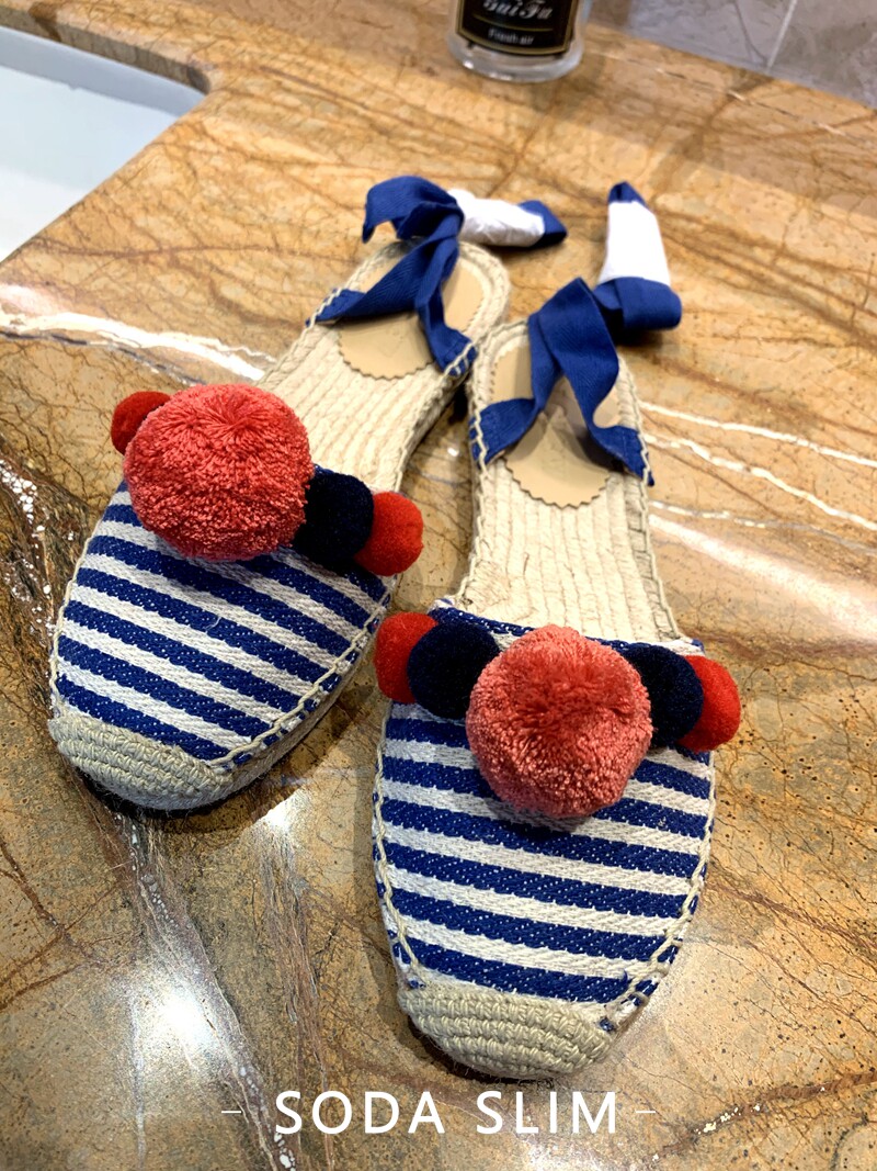 季末折扣 J.crew 女款春夏款 绒球绑带条纹渔夫鞋 夏威夷度假风