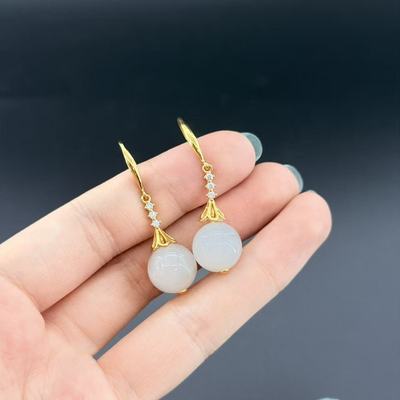 s925银和田玉耳钩-约12mm-多样性发货-Y华-A2439